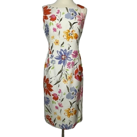 Worth White/Multi Colored Silk Floral Sheath Sleeveless Dress Size 6 - Picture 2 of 9